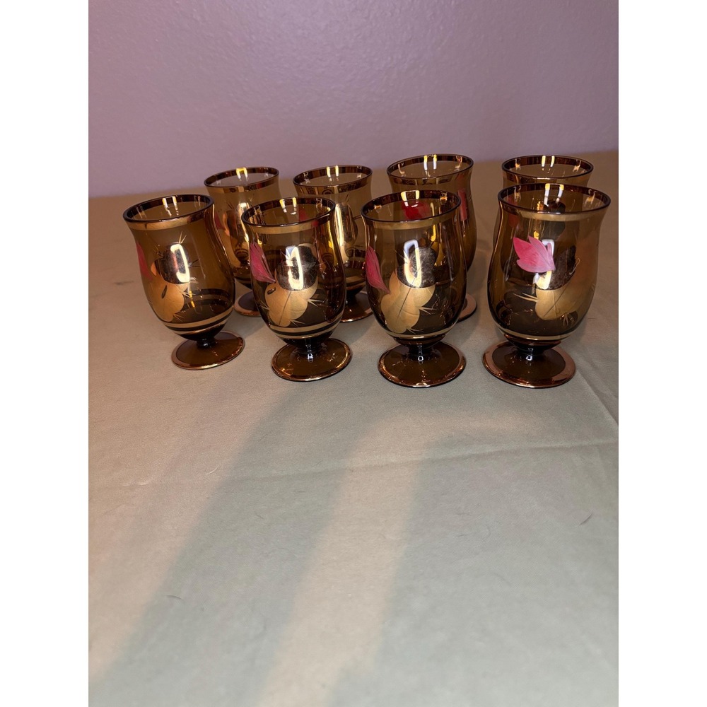 Set of 8 Vintage MCM Smoke Glass Gold Trim Cordial/Juice Glasses